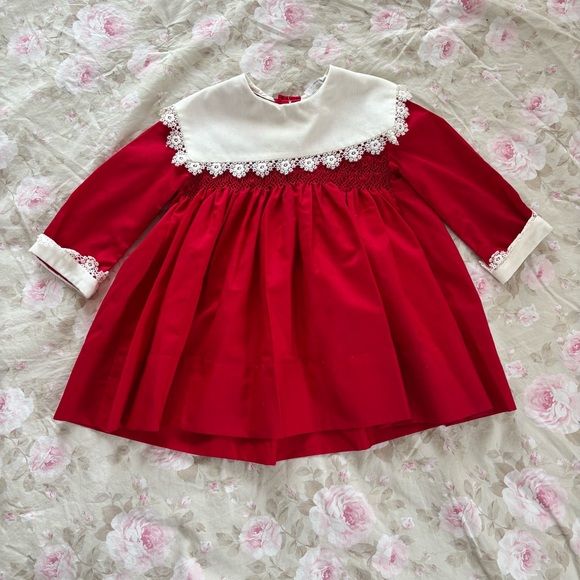 Polly Flinders Smocked Dress Red with White Lace Trimmed Collar Vintage Size 2T - Picture 1 of 6